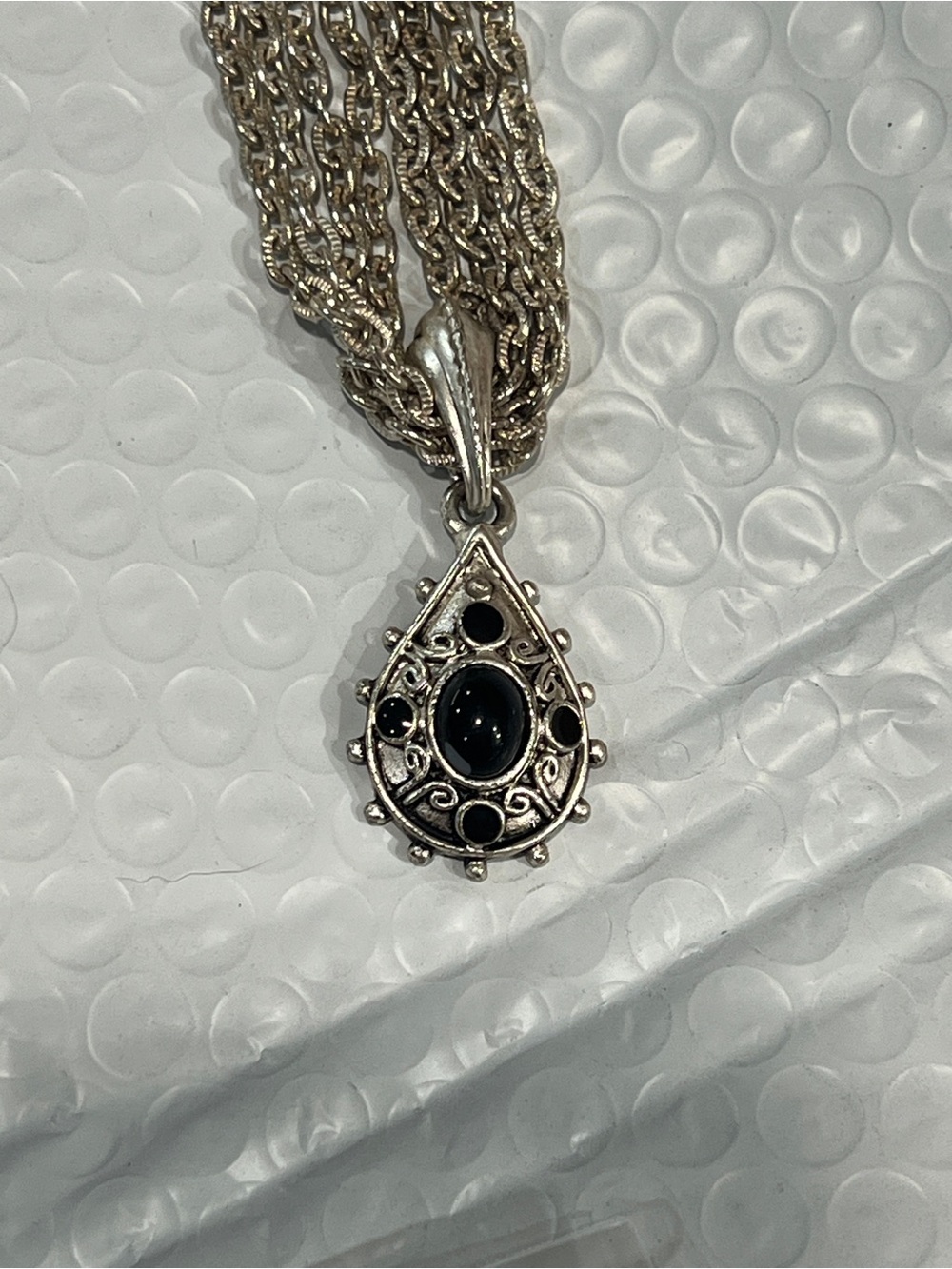 Vintage Sterling Silver Multi-Strand Necklace w/ Filigree Faux Black Onyx